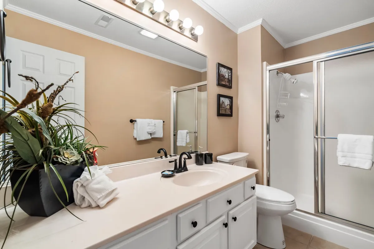 A bright hallway bathroom featuring a large vanity with sink, expansive mirror, a decorative plant, and a clean shower area. The space is fresh, functional, and inviting for guests or family members.
