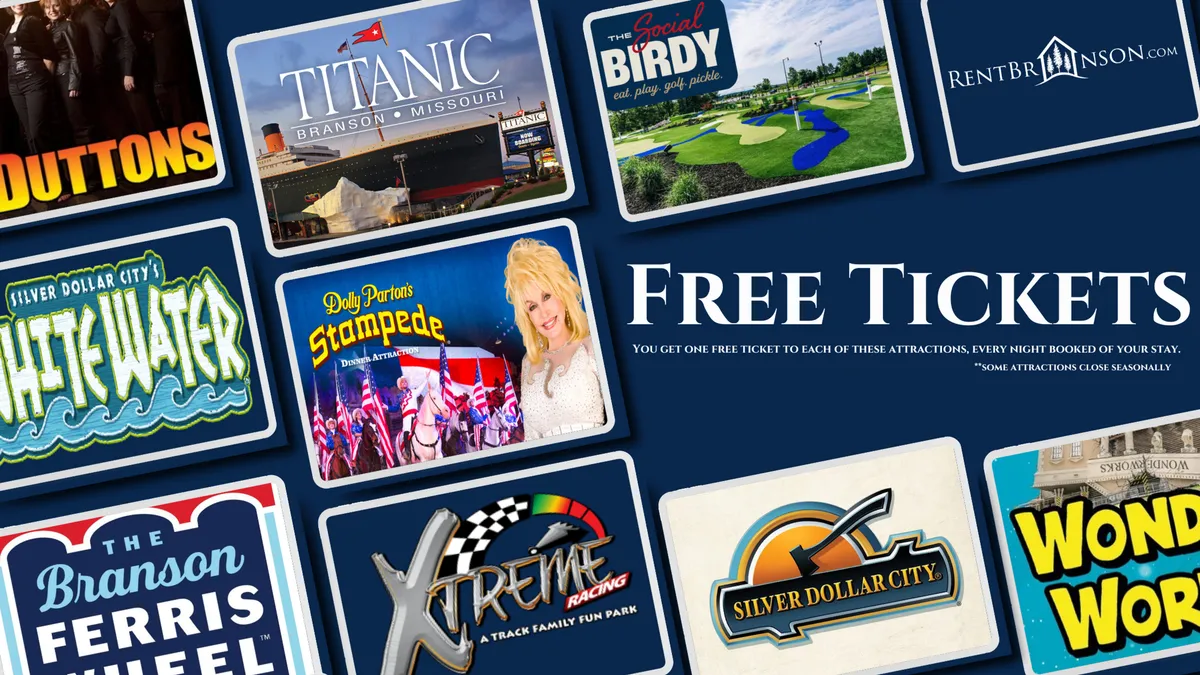 This vibrant interior image features attraction tickets and colorful logos, immediately evoking the excitement of visiting local attractions such as Silver Dollar City and the Branson Aquarium. The promotional and fun elements highlight the area’s focus on memorable family adventures.